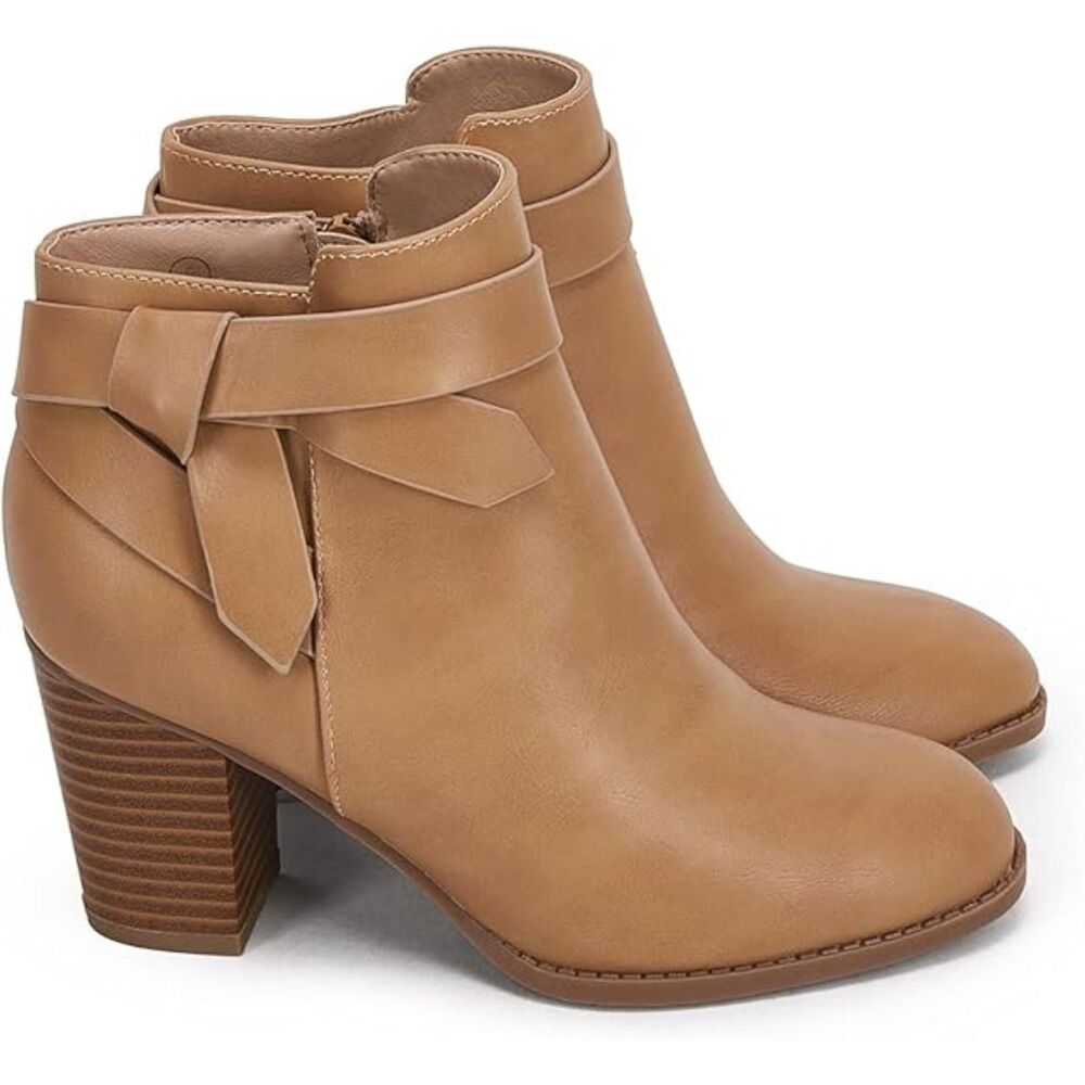 Women's Camel Closed Toe Stacked Heel Tie Knot Side ZIP Chelsea Pump Ankle Boots